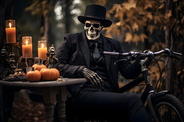 A wonderful skeleton in a suit with a bicycle. Scary Halloween season. Skull. Pumpkin decorations. Halloween lights