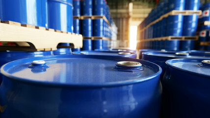 Chemical storage tanks neatly stored on wooden pallets in Warehouse. Warehouse management and...