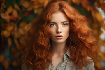 Fototapeta premium Generative Ai illustration of stunning woman surrounded by dry foliage autumn decorations background