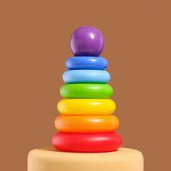 Bright pyramid with colored rings and round purple ball. Toys for babies.