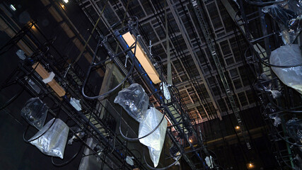 Stage lighting. Lamps and spotlights of the concert hall lighting equipment.