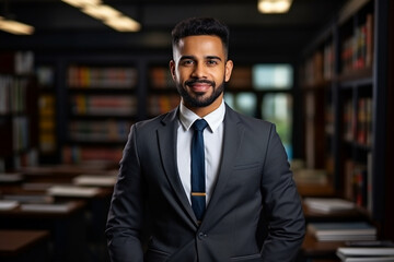 Fototapeta premium Portrait of successful handsome man scientist in classroom library or educational setting background generative AI concept