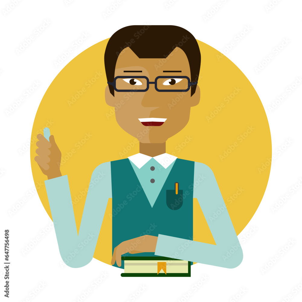Poster school teacher explaining lecture flat vector circle icon. smart man in uniform teaching students in
