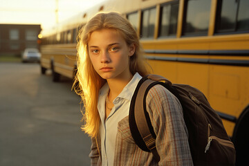 Fototapeta premium Generative AI photo of young girl with a schoolbag back to school near a school bus on a sunny autumn day