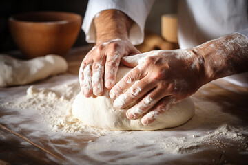 Fototapeta premium Generative AI - Cook's hands preparing dough for fresh bread