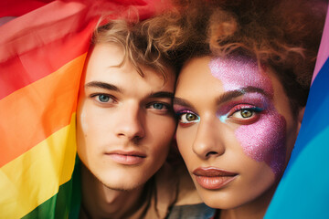 AI generated photography of sweet hugging couple on lgbt pride with rainbow colorful flag