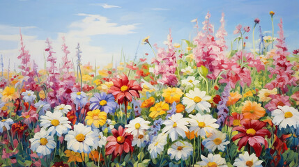 Fototapeta na wymiar A Bed of Blooming Summer Flowers is a painting showing a bed of summer flowers