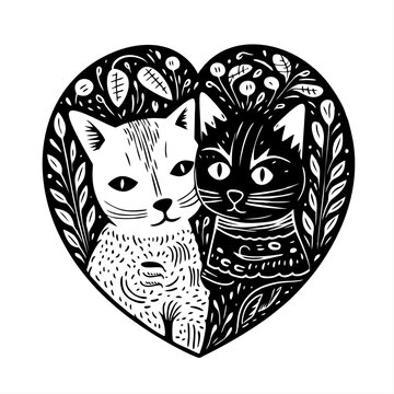 Black and white cute cat faces, cartoon characters, lovesick cats in a heart. The concept of love, friendship. Portrait.