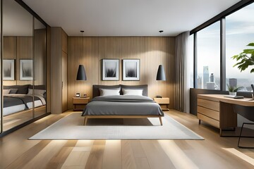Modern Apartment Interior Bedroom Design with warm colour scheme, grey and white wall, mix wooden furniture and beautiful bedding stuff 