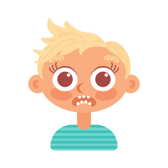 A blonde boy in a striped jacket is frightened. In cartoon style. Human emotions