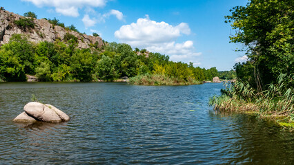 Natural landscape, the bed of the Southern Bug river with granite rifts in the Nikolaev region