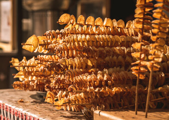 French fries on a stick at the market