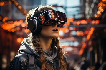 A young girl in a virtual reality helmet on the street explores the virtual world. Concept of modern technologies, virtual learning, gaming industry, futurism. Generative AI.
