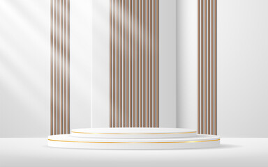 White podium with elegant golden lines with brown slatted backdrop for advertisement display. Display of cosmetic products. stage or podium. vector illustration
