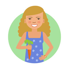 Woman picking carrots flat vector circle icon. Happy girl with long red hair in light summer dress with vegetables from garden isolated on white background. Activities, farming concept