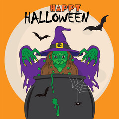 Happy halloween background. Witch with magic potion.