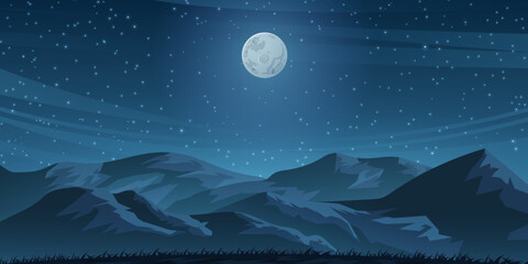 Fototapeta premium Hill and Full Moon Night Illustration