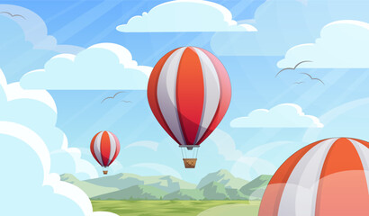Fototapeta premium Red Hot Air Balloon Soaring Over Green Hills Simple Vector Illustration