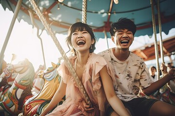 Asian couple on the carousel with laughing and happy mood.