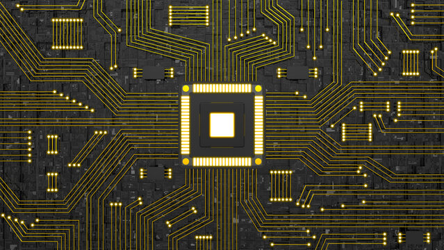 Golden Glowing Artificial intelligence chipset processor and circuits Futuristic artificial intelligence CPU with black motherboard Digital technology concepts 3D Illustration