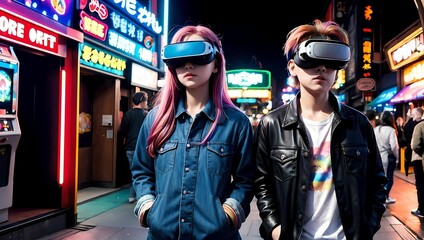 VRヘッドセットを付けたお洒落な女性のAIイラスト（AI生成画像）
