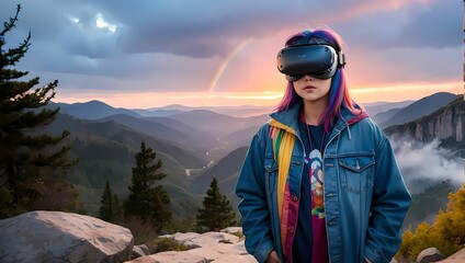 VRヘッドセットを付けたお洒落な女性のAIイラスト（AI生成画像）
