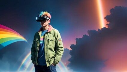 VRヘッドセットを付けたお洒落な男性のAIイラスト（AI生成画像）
