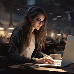 Focused Female Student with Glasses and Casual Look Working with Laptop in Cafe Illustration