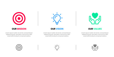 Mission Vision Values infographic Banner template. Company goal infographic design with  Modern flat icon design. vector illustration infographic icon design banner. - obrazy, fototapety, plakaty