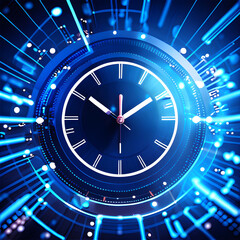 Time of clock in blue abstract digital, technology background.