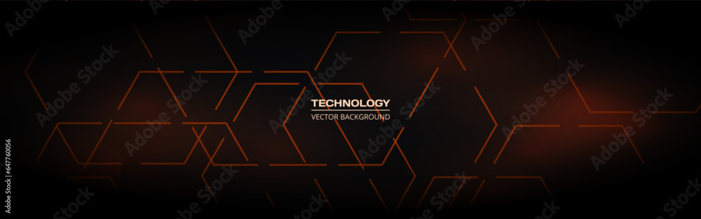 Poster abstract black and orange hexagon vector technology background. wide horizontal banner with honeycom