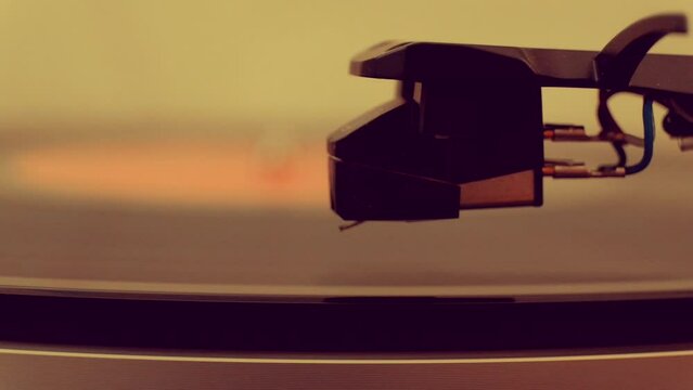 Close-Up Turntable Record Player Stylus Needle Spinning Vinyl. Moving, Grooves Play 33 RPM. Idea to Add Music 1080p