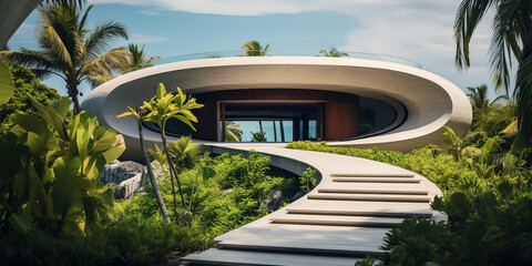 Generative AI, modern luxury house with lush tropical garden. Villa, hotel resort, architectural photography in the style of futuristic curves
