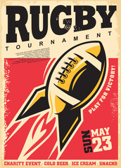 Old poster design for rugby tournament. Sports and recreation vector illustration with rugby or American football ball. Retro ad rocket ball with flames and motion trails.