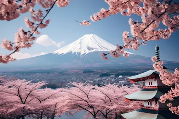 Fotobehang A majestic mountain landscape with cherry blossoms in full bloom © Virginie Verglas
