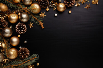 Christmas and New Year background with golden decorations on black. Top view with copy space.