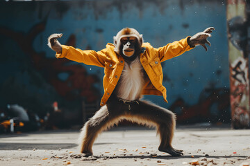 Fototapeta premium Ape dancing with clothes on, dancing ape, funny ape, apes having fun