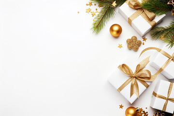 Fototapeta premium Christmas background. White gift boxes with golden ribbon, Christmas balls and fir tree branches on white background. Flat lay, top view, copy space