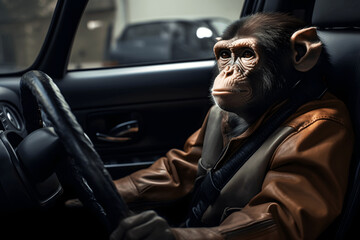 Ape driving a car, ape, driver, ape driver, car, animals driving 