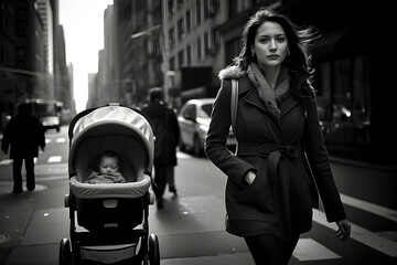 Fototapeta premium Woman with a baby carry in a big city, baby, city, big city, street, streetphotography