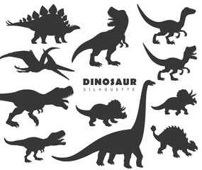 Dinosaur silhouette isolated set icon. Vector set of the dinosaurs Ankylosaurus, Brachiosaurus, Pteranodon, Stegosaurus, Triceratops, Tyrannosaurus Rex, t-rex, Velociraptor. Vector illustration dino