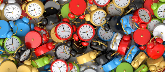 Pile of alarm clocks on multicolor background. 3d render of wake up time