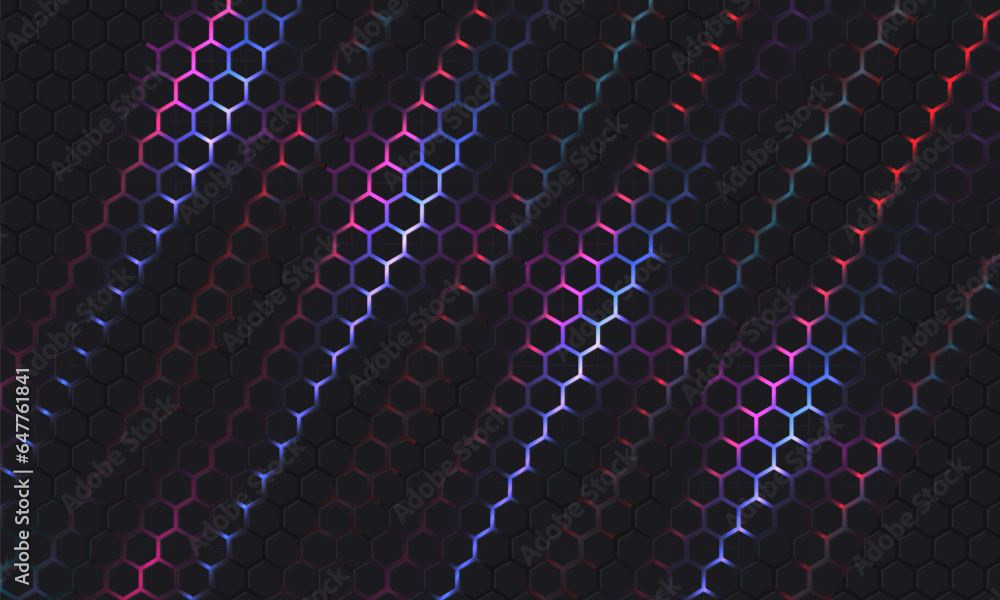 Poster Dark hexagonal technology vector abstract background. Blue, pink and red bright energy flashes under hexagon in modern technology futuristic background vector illustration. Dark honeycomb texture.