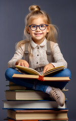 A small child girl with big glasses read sitting on a stack of books, studio photo, gray background