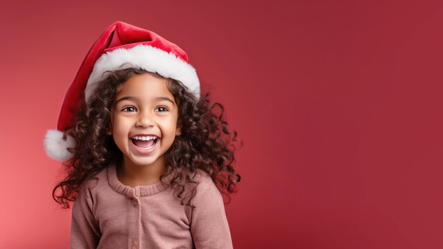 Curly hair girl smile in santa claus red hat, Christmas background design