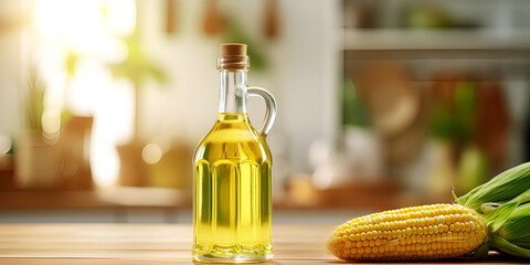 Corn oil in a glass bottle on kitchen table, blurred background with copy space
