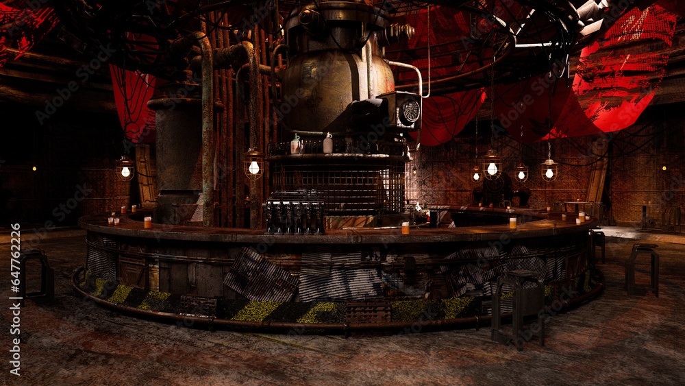 Wall mural dark grungy dystopian future drinking bar on a fantasy alien planet. 3d rendering..