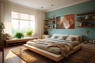 cozy funky luxurious interior design of a spacious bedroom with king size bed, colorful walls and textiles, patter carpet, bright decorative elements and paintings. ethno-inspired style