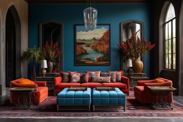 cozy funky luxurious interior design of a spacious living-room with blue sofa, wooden coffee table, colorful walls and textiles, patter carpet, and golden and bronze colored decorative elements