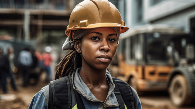Generative AI image portrait of black female construction worker in overall helmet near site with building work and looking at camera